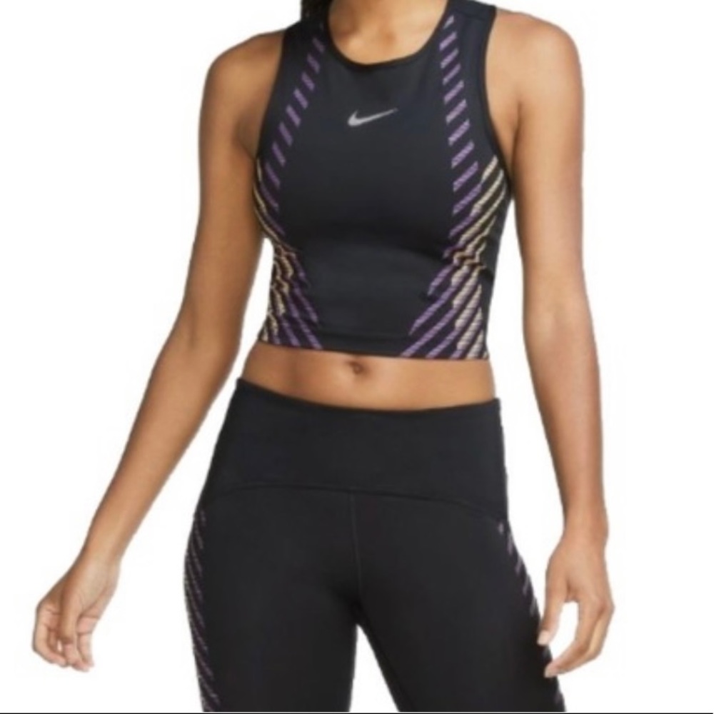 Nike Dri Fit Runway Black/purple/Gold Elevated Tank Cropped Tight Top Sz(S)